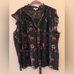 Pleione Dark Green Floral Blouse